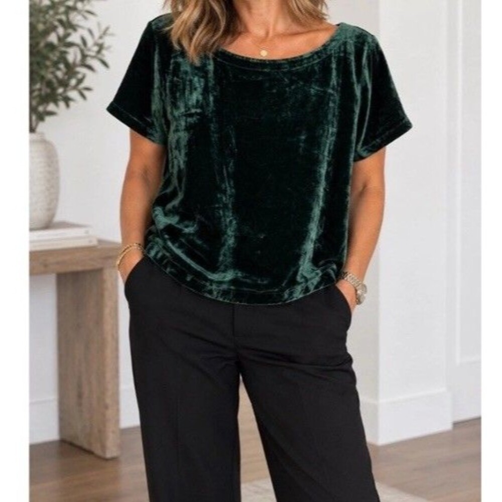 Eileen Fisher Velvet Blouse Forest Green Silk Blend Short Sleeve Boxy Top SZ S P